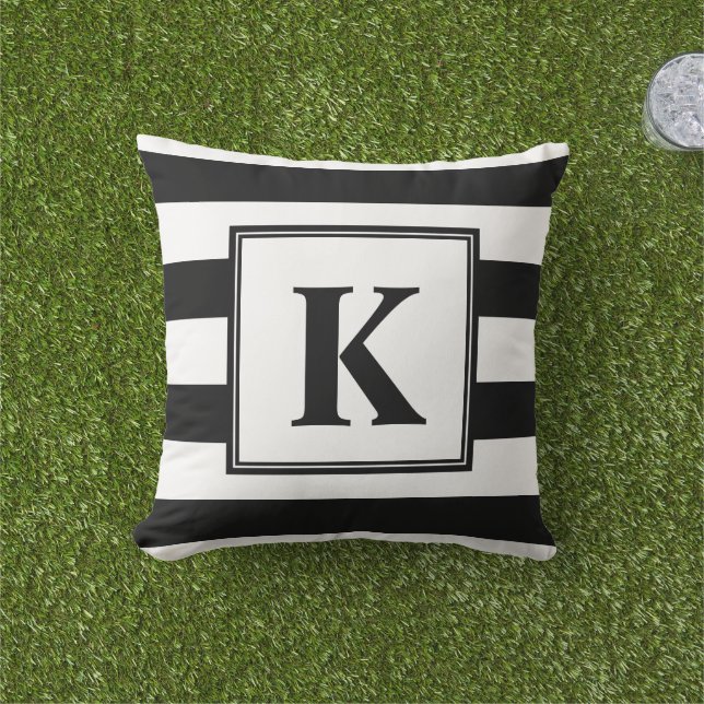 Modern Black And White Stripes Monogram Outdoor Pillow (Grass)
