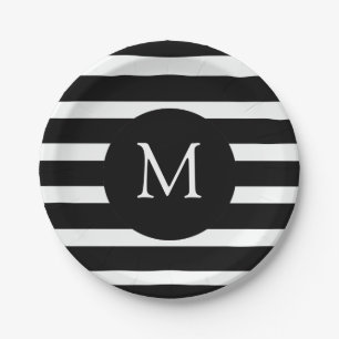 Modern Black and White Stripes Monogram Paper Plates