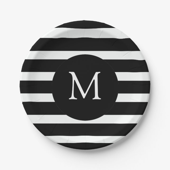 Modern Black and White Stripes Monogram Paper Plates (Front)
