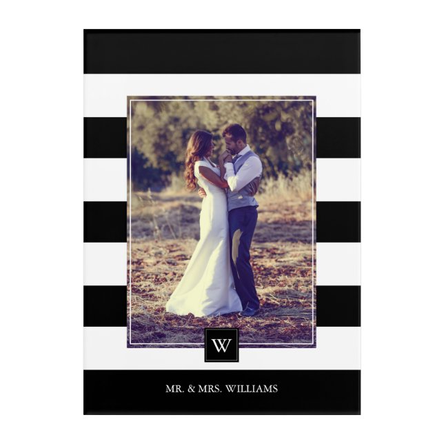 Modern Black and White Stripes Monogrammed Acrylic Print (Front)