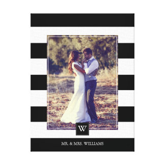Modern Black and White Stripes Monogrammed Photo Canvas Print