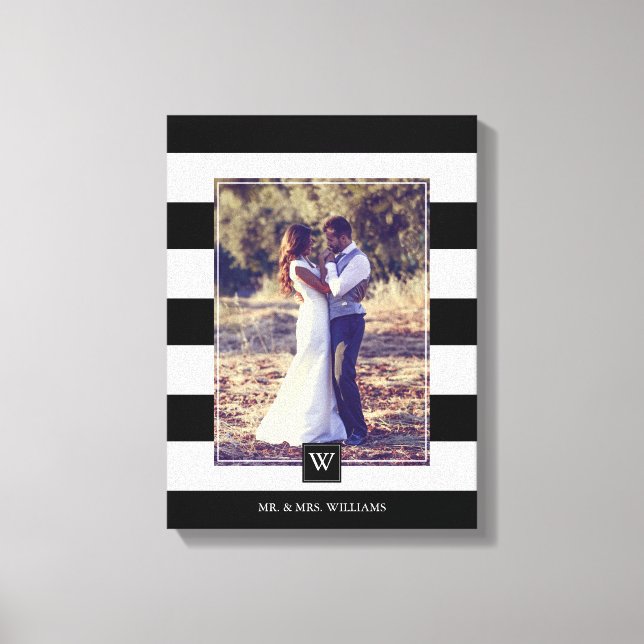 Modern Black and White Stripes Monogrammed Photo Canvas Print (Front)