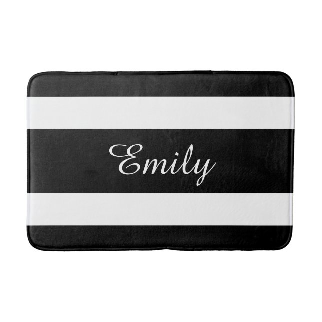 Modern Black And White Stripes Name Bathroom Mat (Front)