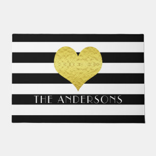 Modern Black And White Stripes Name Doormat