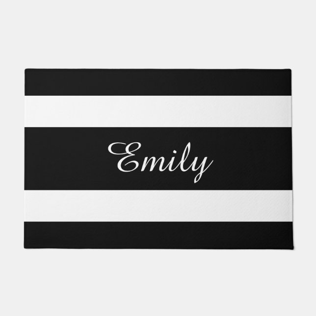 Modern Black And White Stripes Name Doormat (Front)