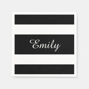 Modern Black And White Stripes Name Print Napkins