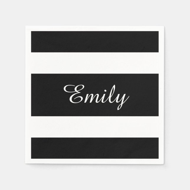 Modern Black And White Stripes Name Print Napkins (Front)