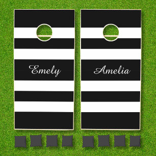 Modern Black And White Stripes Names Cornhole Set