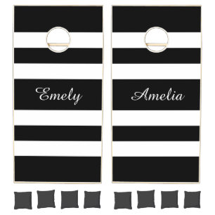Modern Black And White Stripes Names Cornhole Set