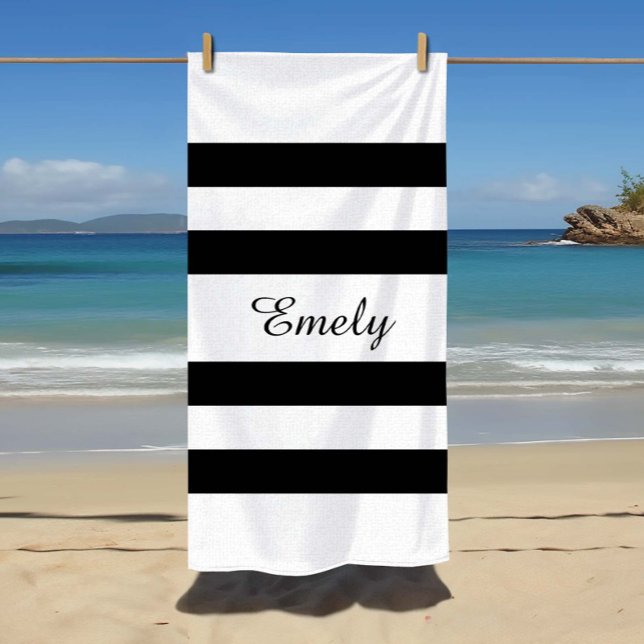 Modern Black And White Stripes Pattern Name Beach Towel (Modern Black And White Stripes Pattern Beach Towel)