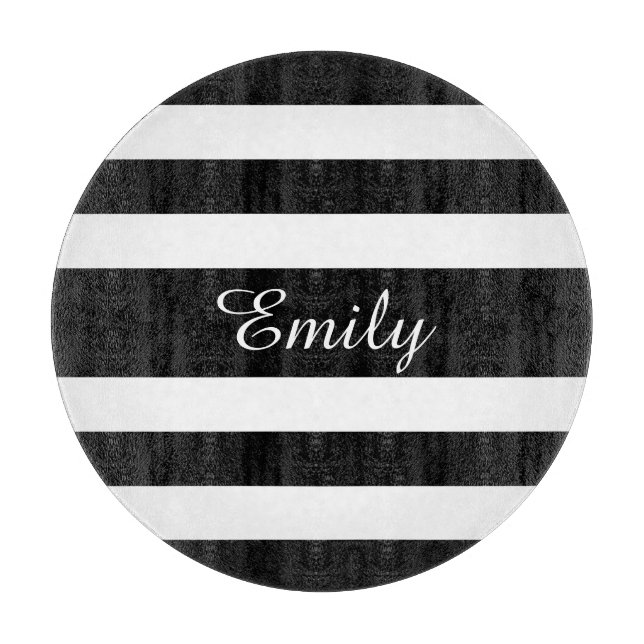 Modern Black And White Stripes Pattern Name Cutting Board (Front)