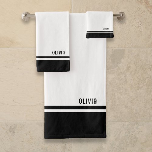 Modern Black And White Stripes Personalized Name Bath Towel Set