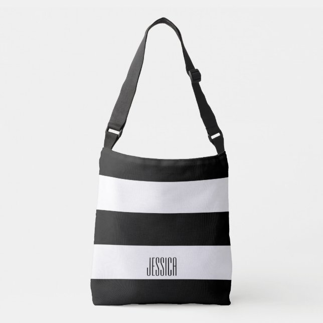 Modern Black and White Stripes Personalized Text Crossbody Bag (Front)