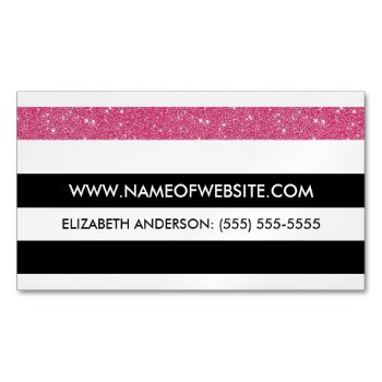 Modern Black And White Stripes Pink Faux Glitz Business Card Magnet by GirlyBusinessCards at Zazzle