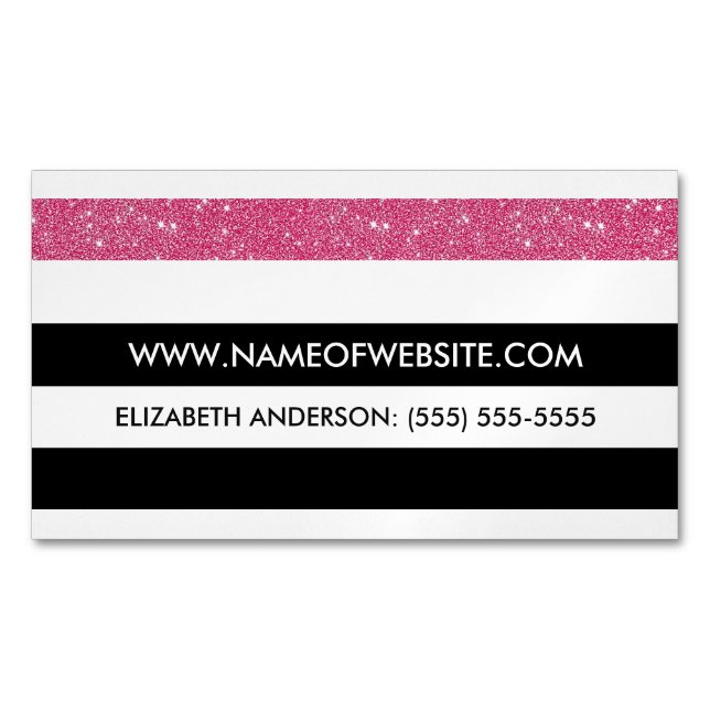 Modern Black and White Stripes Pink FAUX Glitz Business Card Magnet (Front)