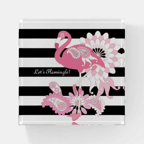 Modern Black and White Stripes Pink Flamingo Paperweight