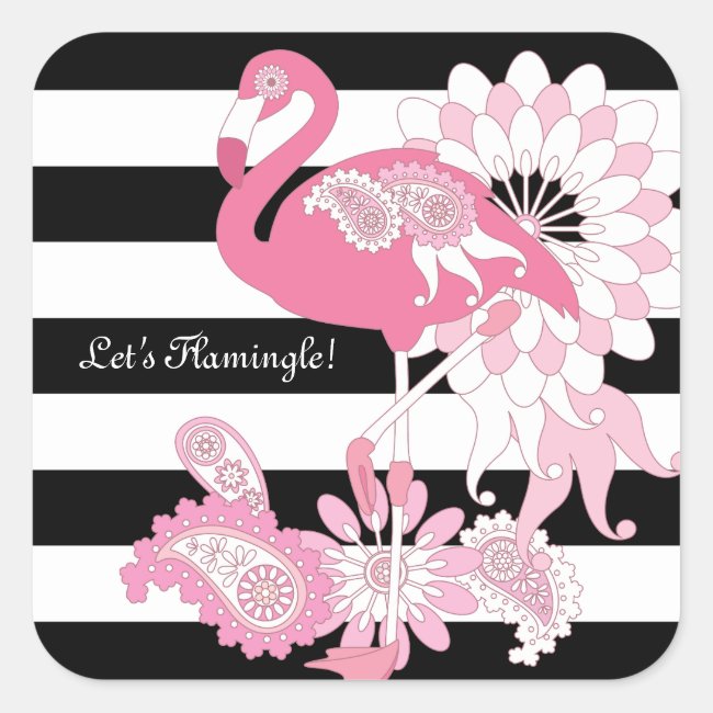 Modern Black and White Stripes Pink Flamingo