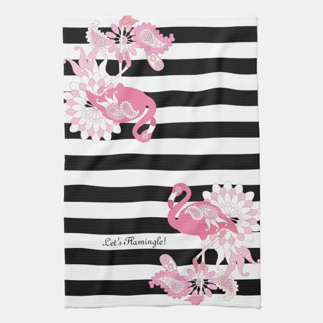 Modern Black and White Stripes Pink Flamingos