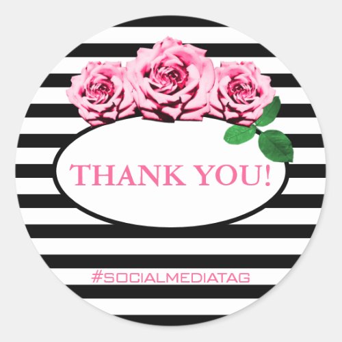 Modern Black and White Stripes Pink Roses Thanks Classic Round Sticker