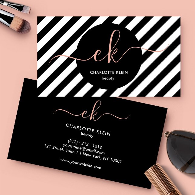 Modern Black and White Stripes Script Monogram Business Card (Creator Uploaded)