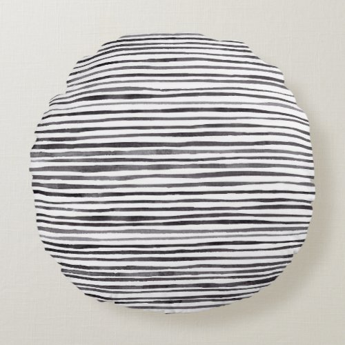 Modern Black and White Stripes Watercolor   Round Pillow