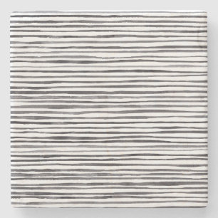 Modern Black and White Stripes Watercolor Stone Coaster