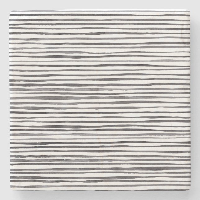 Modern Black and White Stripes Watercolor   Stone Coaster (Front)