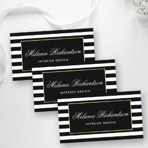 Modern Black and White Stripes with Gold Frame Business Card