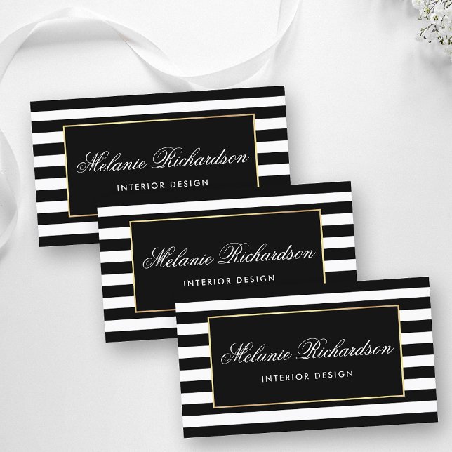 Modern Black and White Stripes with Gold Frame Business Card (Customize to change text size or text style.)