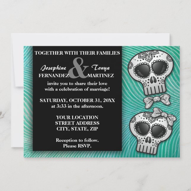 Modern Black and White Sugar Skull Elegant Wedding Invitation (Front)