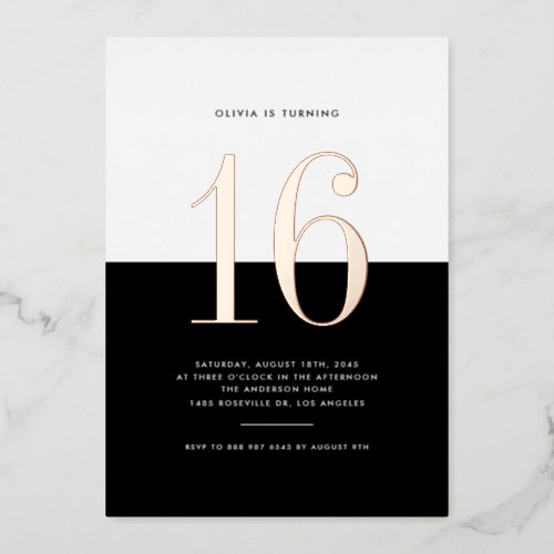 Modern Black and White Sweet 16 Rose Gold Foil Foil Invitation