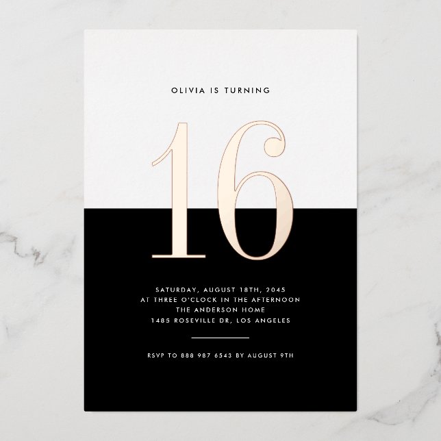 Modern Black and White Sweet 16 Rose Gold Foil Invitation (Front)