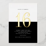 Modern Black and White Sweet Sixteen Gold Foil Foil Invitation<br><div class="desc">Invite guests to your event with this customizable sweet sixteen party invitation. It features a black and white color block with modern typography. Personalize this modern sweet 16 invitation by adding your event details. This gold foil sweet sixteen invitation is available in other foil colors.</div>