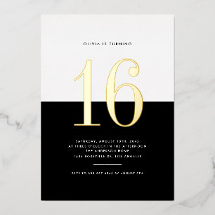 Modern Black and White Sweet Sixteen Gold Foil Invitation