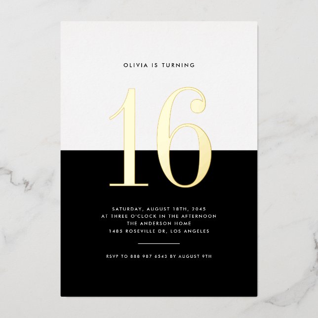 Modern Black and White Sweet Sixteen Gold Foil Invitation (Front)