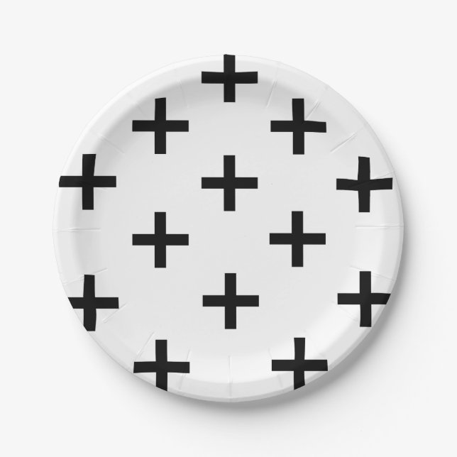Modern black and white Swiss Cross pattern Paper Plates (Front)