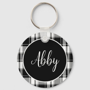 Modern Black and White Tartan Plaid Custom Name Keychain