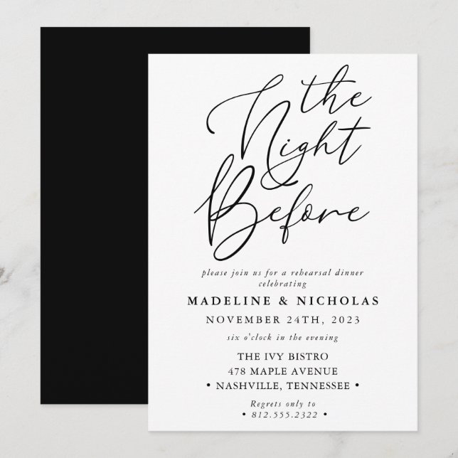 Modern Black And White The Night Before Rehearsal Invitation (Front/Back)
