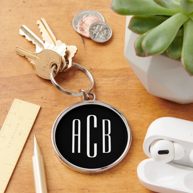 Modern Black and White Three Letter Monogram Keychain (Desk)