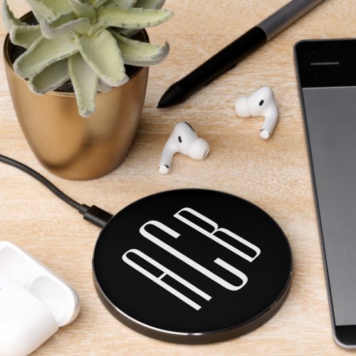 Modern Black and White Three Letter Monogram Wireless Charger