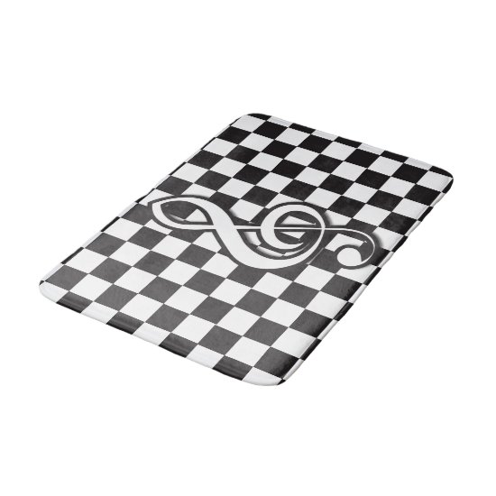 Modern Black and White Treble Clef on Checkerboard Bath Mat