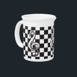 Modern Black and White Treble Clef on Checkerboard Beverage Pitcher<br><div class="desc">A cool and retro music design with a large black and white treble clef musical note on a modern black and white checked pattern background. A range of color variations and patterns available in our store and we welcome custom requests for other color combinations, just use the contact us via...</div>