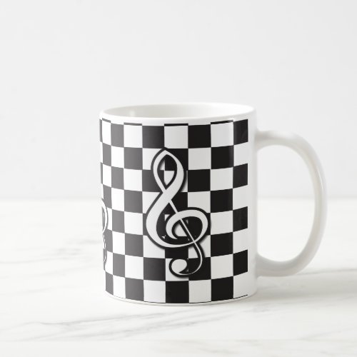 Modern Black and White Treble Clef on Checkerboard Coffee Mug
