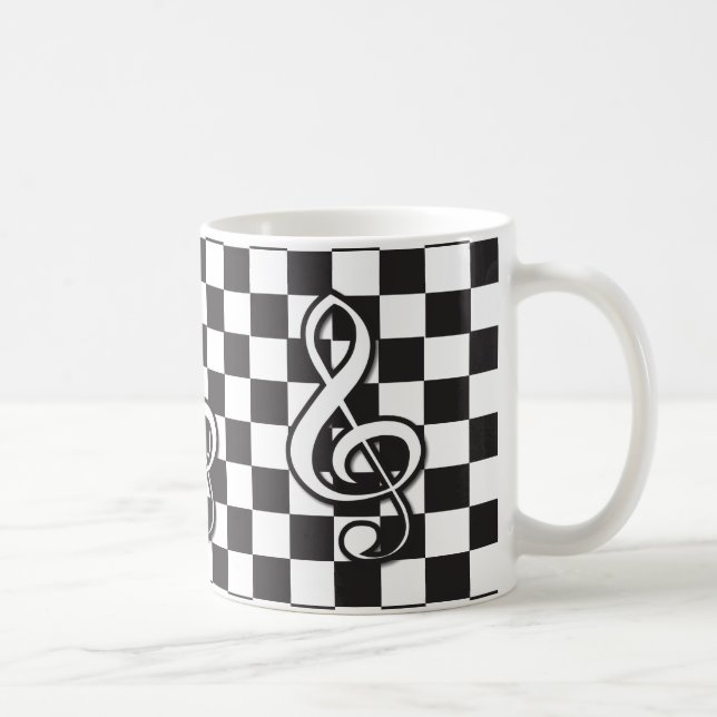 Modern Black and White Treble Clef on Checkerboard Coffee Mug (Right)