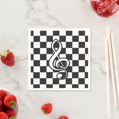 Modern Black and White Treble Clef on Checkerboard Paper Napkins