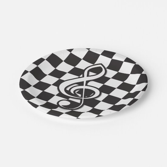 Modern Black and White Treble Clef on Checkerboard Paper Plate