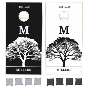 Modern Black And White Tree Family Name Monogram Cornhole Set