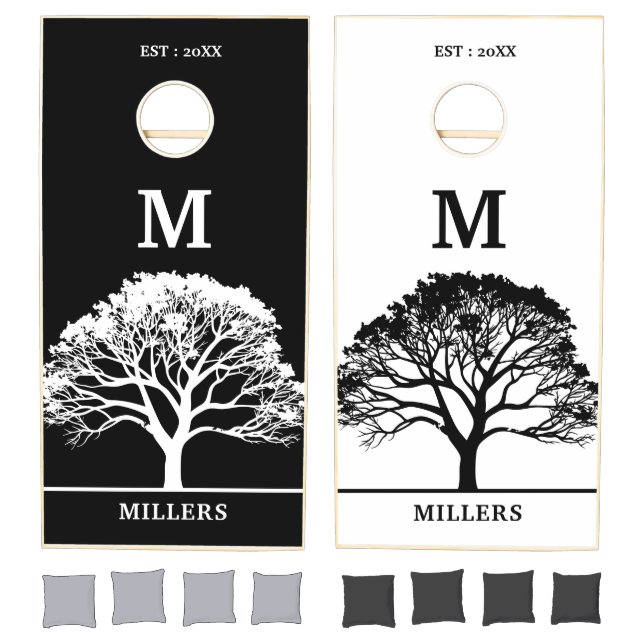 Modern Black And White Tree Family Name Monogram Cornhole Set (Set)
