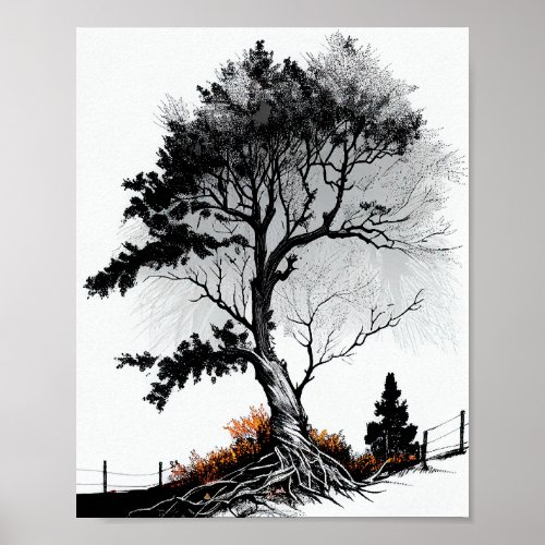 Modern Black And White Tree Sketch For Home Poster