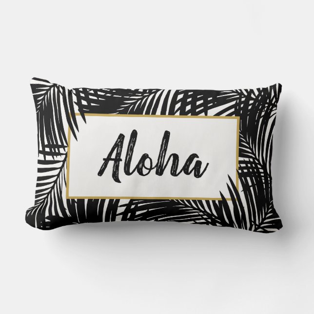 Modern Black and White Tropical Aloha Lumbar Pillow (Front)